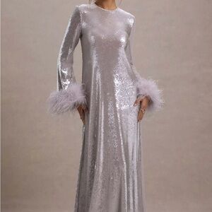 Club L London - Tallie Dress Lilac Sequin Maxi Dress with Feather Cuffs - Size 6